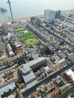 High Angle View of Most Beautiful and Attractive British Tourist Attraction of Brighton seaside resort and Beach City of East Sussex, England GB. Footage Captured with Drone's Camera on May 9th, 2024 photo