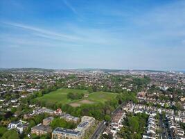 High Angle View of Most Beautiful and Attractive British Tourist Attraction of Brighton seaside resort and Beach City of East Sussex, England GB. Footage Captured with Drone's Camera on May 9th, 2024 photo