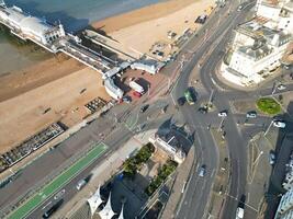 High Angle View of Most Beautiful and Attractive British Tourist Attraction of Brighton seaside resort and Beach City of East Sussex, England GB. Footage Captured with Drone's Camera on May 9th, 2024 photo