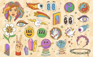 Cartoon retro groovy hippie characters and symbols vector