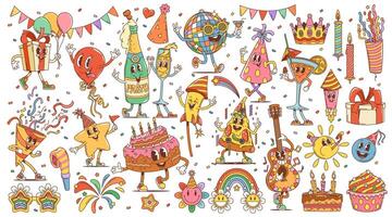 Retro cartoon groovy birthday party characters vector