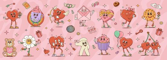 Retro cartoon valentine day groovy characters set vector
