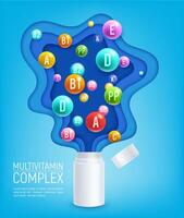 Paper cut multivitamin and vitamins complex bottle vector
