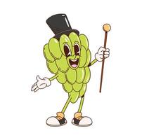 Retro groovy grapes gentleman berry character vector