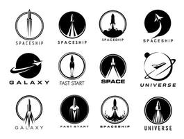 Spaceship, rocket and space ship launch icons vector
