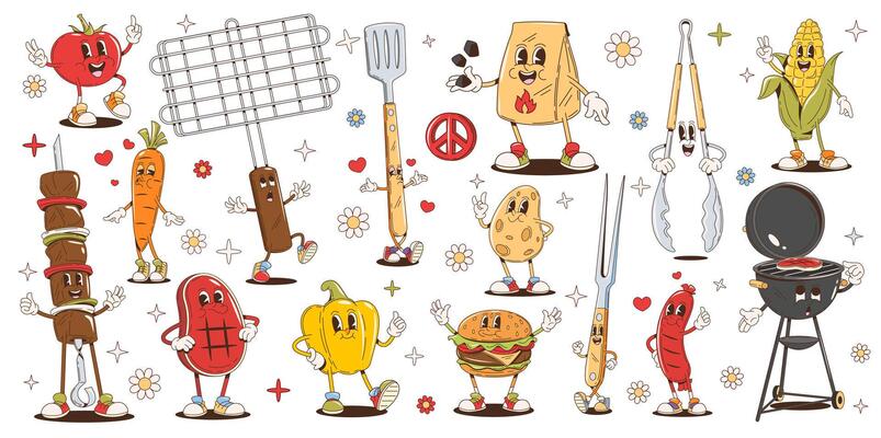 Bbq barbeque cartoon retro groovy characters