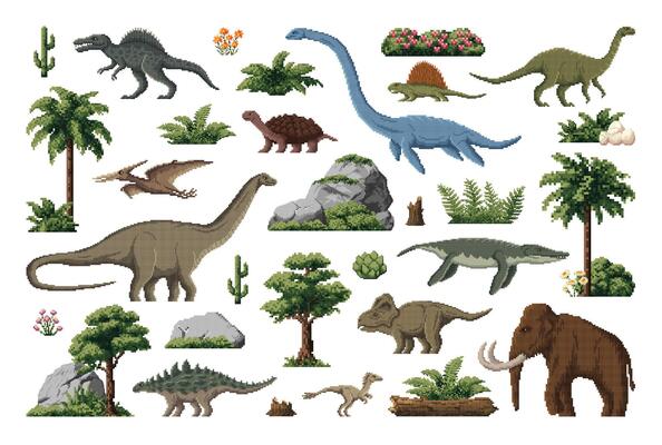 Prehistoric 8 bit pixel art dinosaurs, game assets