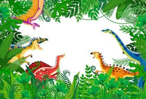 Funny cartoon dinosaur in jungle forest frame vector