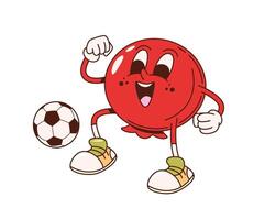 Retro groovy cranberry character playing soccer vector