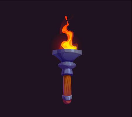 Game medieval fire torch, cartoon burning brand.