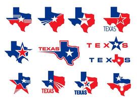 Texas state map icons with flag stars, bull head vector
