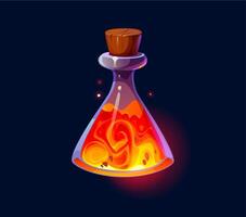 Potion bottle with fire, witch magic elixir poison vector