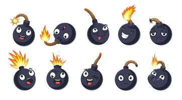 Cartoon bomb characters with wicks or fuses set vector