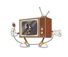Cartoon retro groovy tv character holds a plug vector