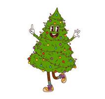 Groovy Christmas pine tree retro cartoon character vector