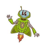 Cartoon retro groovy flying robot or space alien vector
