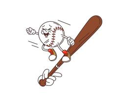 Cartoon retro groovy baseball ball character, bat vector