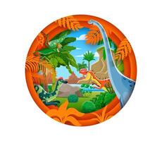 Paper cut dinosaurs characters in 3d round frame vector