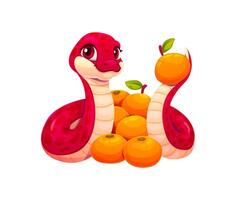 Cute cartoon red snake character with mandarins vector