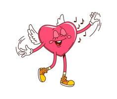 Groovy cartoon heart retro character with wings vector