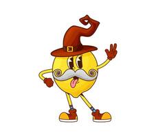Groovy lemon fruit halloween wizard character vector