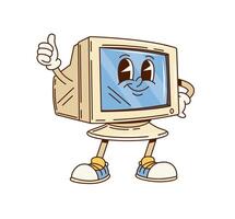 Groovy computer monitor display cartoon character vector