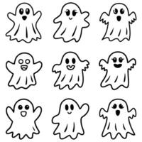 Playful Cartoon Ghost Illustrations Capturing a Range of Emotions and Poses in a Fun Black-and-White Line Art Style, Perfect for Halloween-Themed Designs and Creative Artwork vector