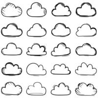 Unique Hand-Drawn Cloud Illustrations A Collection of 20 Diverse Black and White Cloud Designs Perfect for Design Inspiration Weather-Related Graphics or Artistic Reference vector