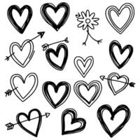 Hand-Drawn Hearts and Arrows Illustrations with Playful Flower Design - Perfect for Artistic and Decorative Purposes, Showcasing a Variety of Heart Styles in a Black and White Sketchy Theme vector