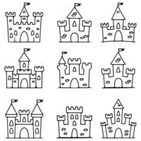 Creative Hand-Drawn Castle Illustrations Showcasing Nine Unique Designs Perfect for Artistic Inspiration, Educational Use, or Decorative Projects with Various Tower Shapes, vector