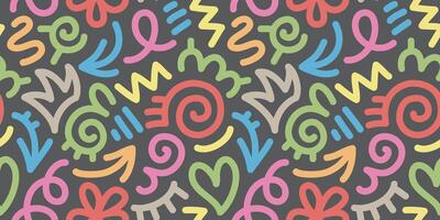 fun colorful line doodle seamless pattern. Creative abstract art background collection for children or festive celebration design. Simple childish scribble wallpaper print texture bundle. vector