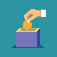 Donation box with human hand insert golden coin, money with background.eps vector