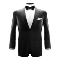 A black tuxedo with a bow tie and pocket square png