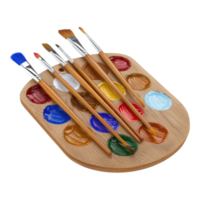 Paint brushes and paint on a wooden tray png