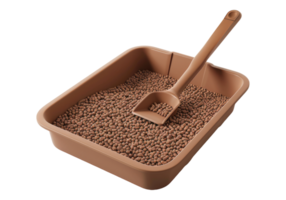 A brown plastic tray with a scoop and a cat food png