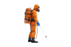 A man in an orange suit and protective gear with a backpack png