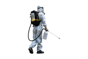 A man in a protective suit with a backpack png