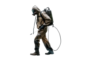 A man in a gas mask walking with a backpack png