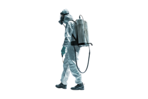 A man in a white suit and gas mask walking png