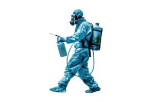 A man in a gas mask walking with a sprayer png
