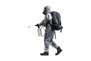 A man in a protective suit with a backpack png