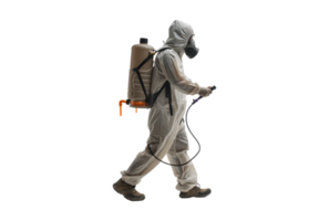 A man in a gas mask walking with a backpack png