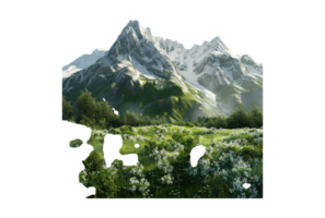 A mountain range with flowers and trees png