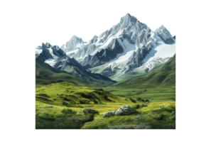 A painting of a mountain range with grass and trees png