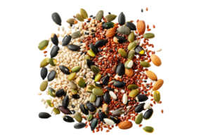 A variety of seeds and nuts are scattered on a black background png