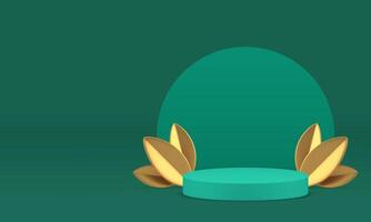Green 3d cylinder podium pedestal with golden leaves realistic illustration vector