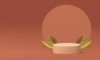 3d beige podium pedestal with golden leaves for product show presentation realistic vector