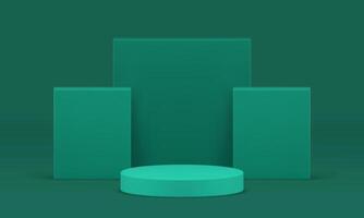 3d green cylinder podium with squared wall background for show realistic illustration vector