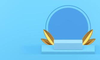 3d blue podium with golden leaves display for product show realistic illustration vector