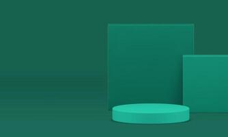 3d green podium with geometric shapes wall background realistic illustration vector